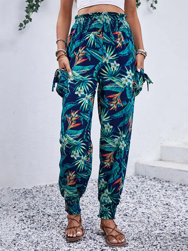 Work Pants Pocket Tropical Print Trousers Leggings