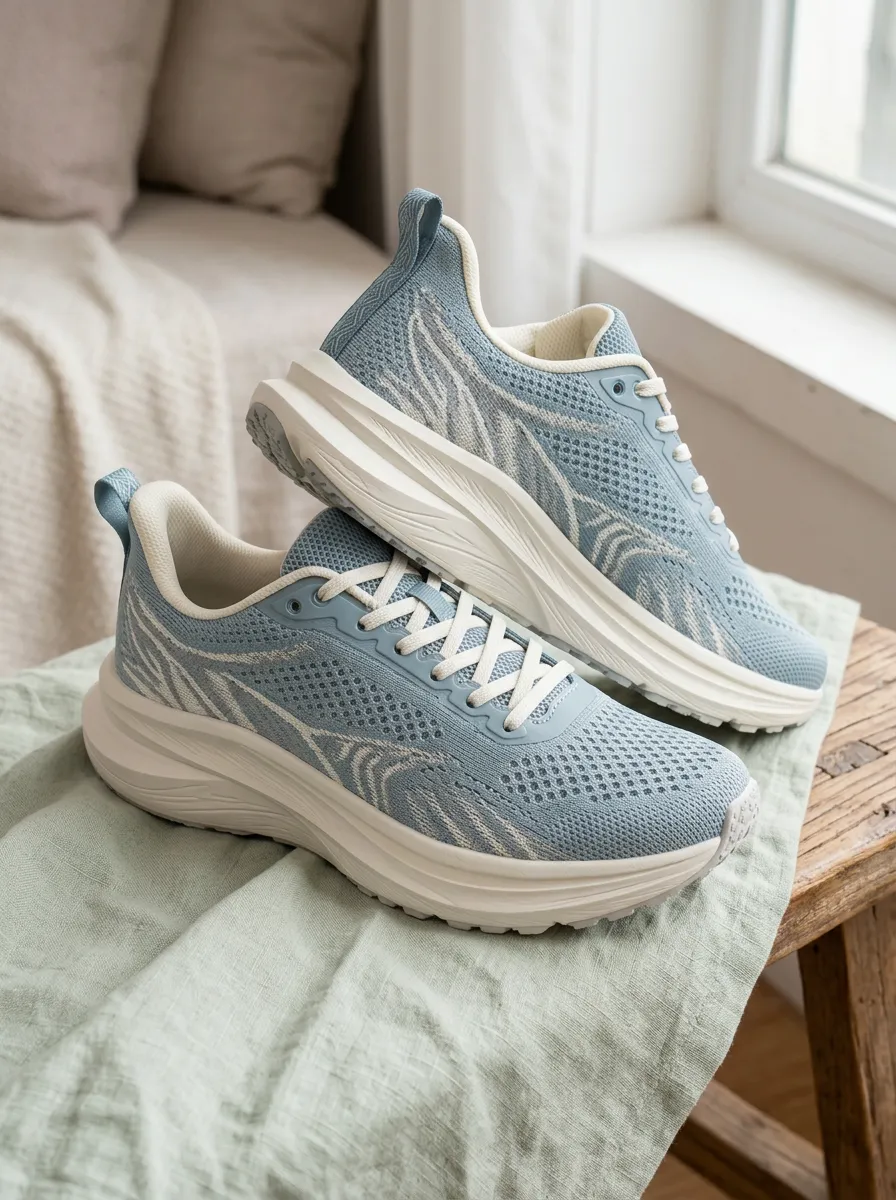 Women's Casual Blue Abstract Feather Printed Sneakers