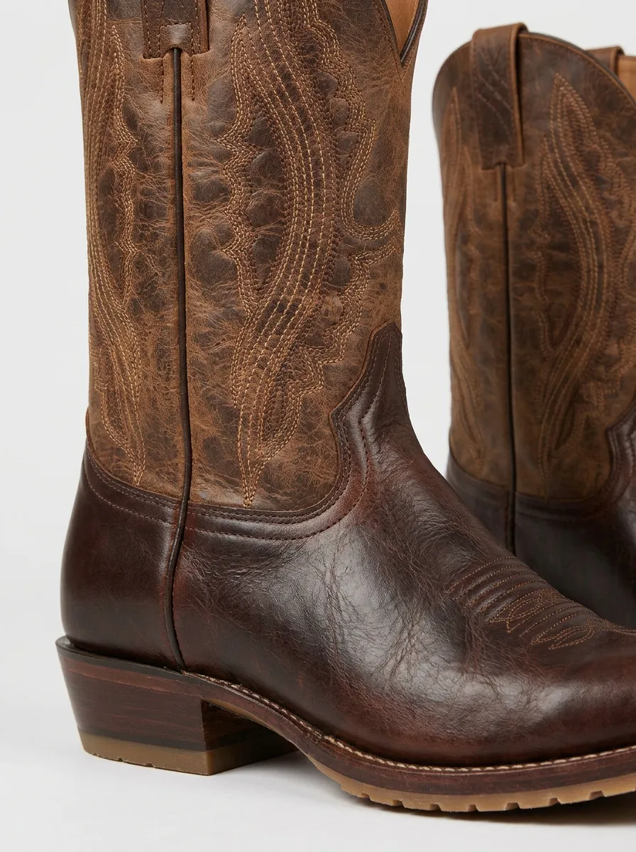 Men's Western Cowboy Embroidered Brown Leather Cowboy Boots