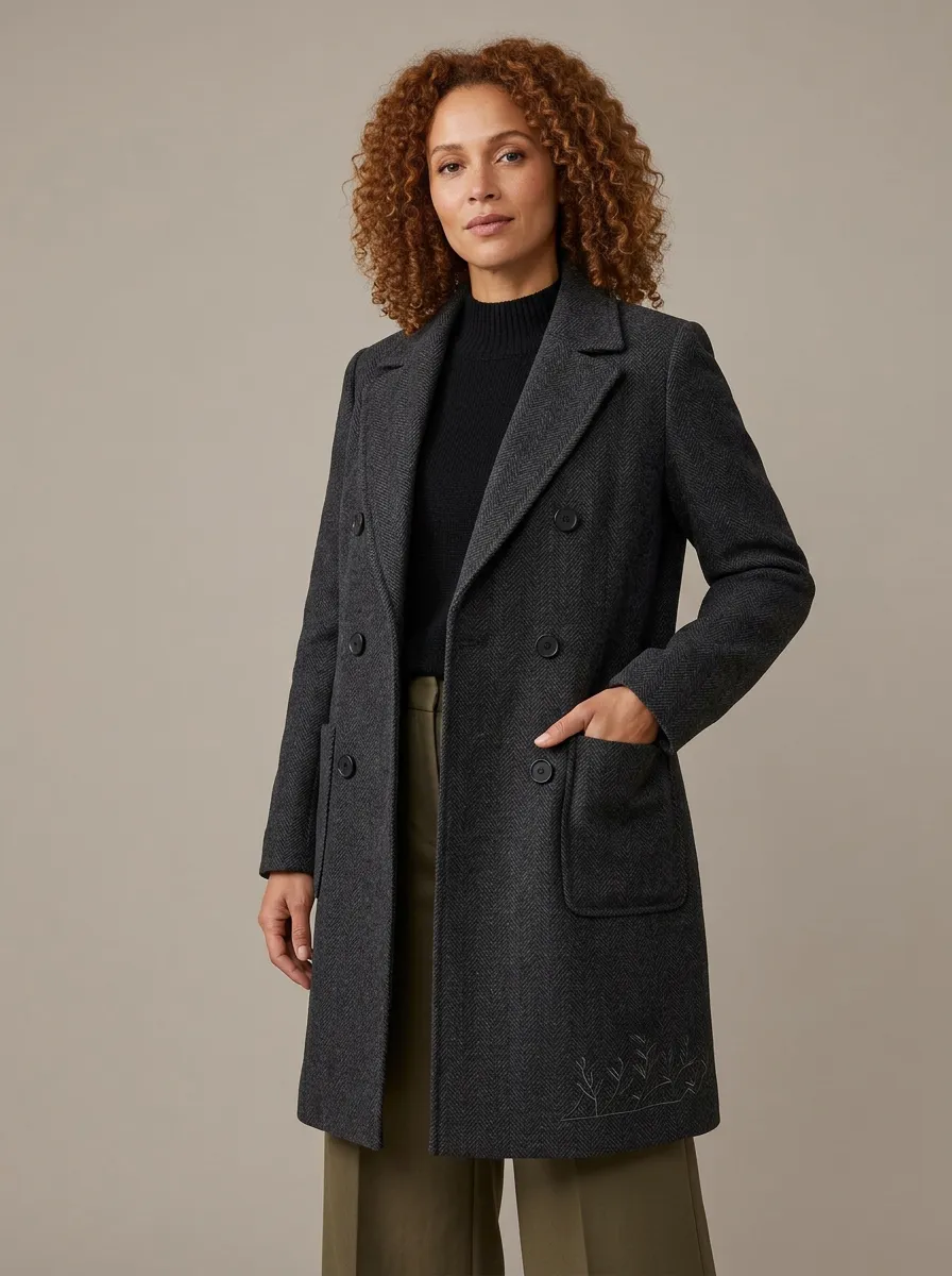Women's Botanical Embroidered Herringbone Wool Coat