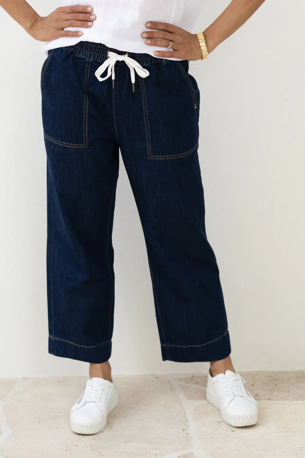 Denim Pants With High Rise And Elastic Waist