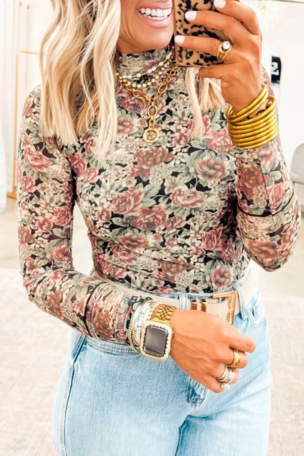 White Retro Floral Print Mock Top