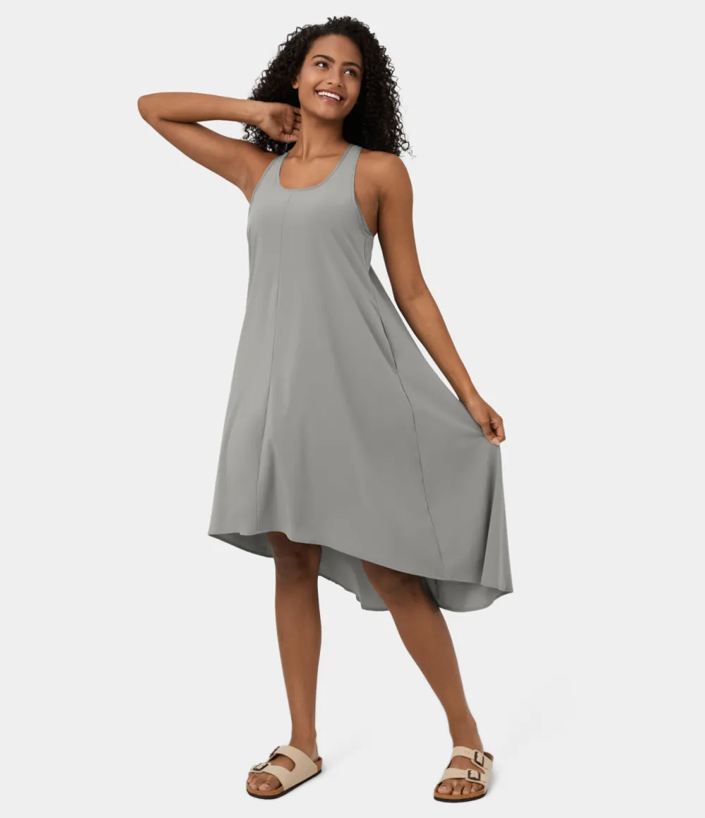 Breezeful Backless Racerback Side Pocket High Low Flowy Midi Quick Dry Casual Dress