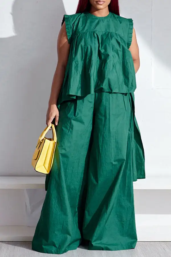 Green Wide-Leg High-Low Pant Set