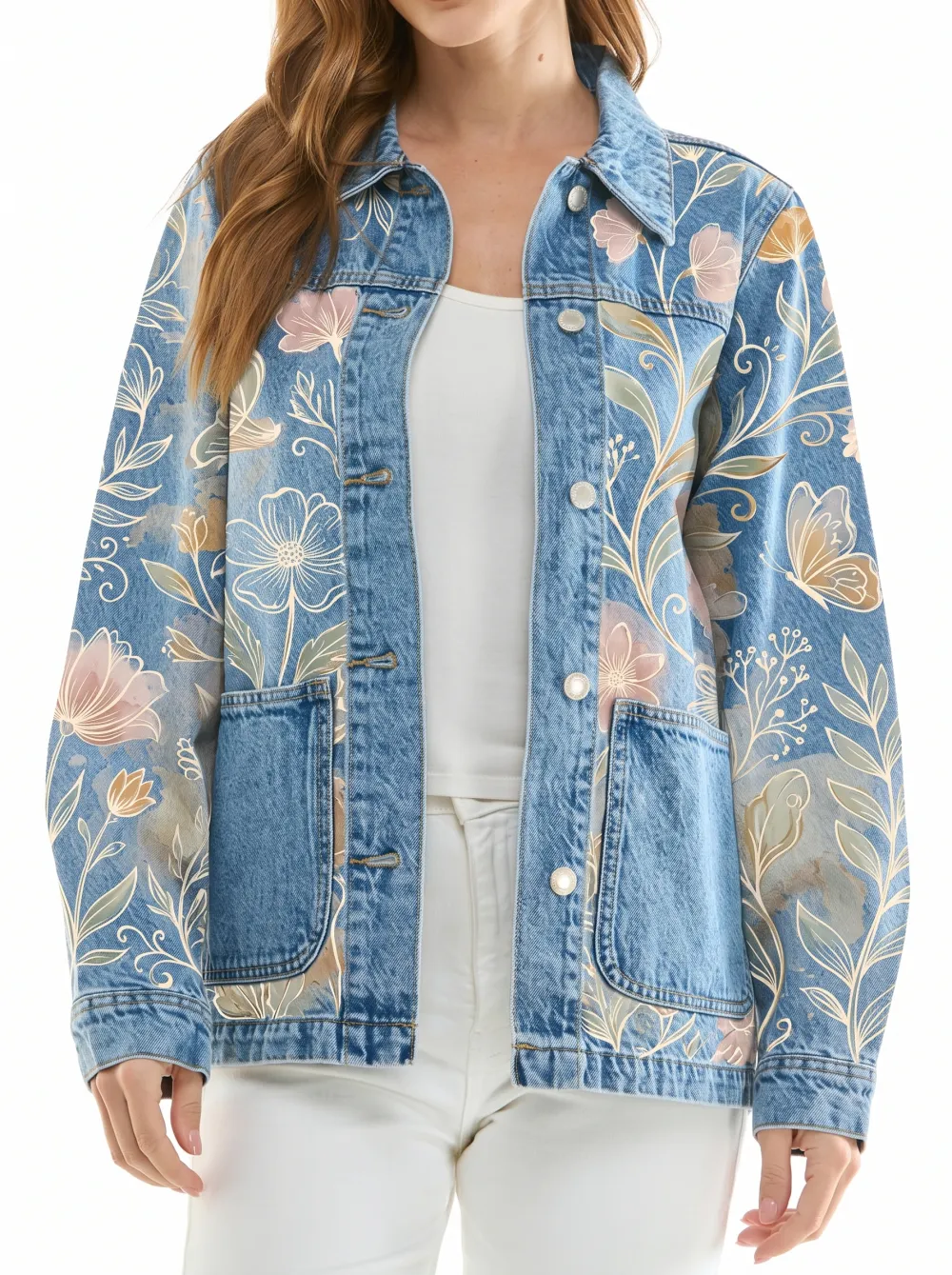 Women's Allover Floral Butterfly Botanical Denim Jacket