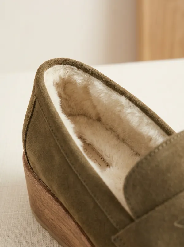 Women's All Terrain Faux Fur Lined Platform Suede Wood Sole Loafers