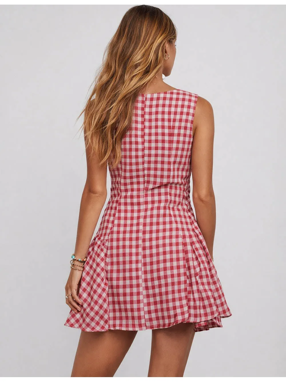 Checked Front Square Neck Sleeveless Mini Dress