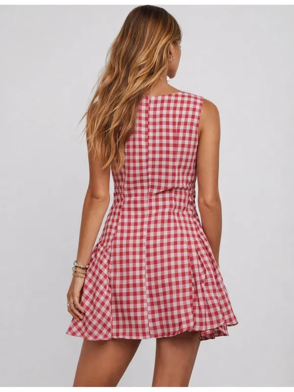 Checked Front Square Neck Sleeveless Mini Dress