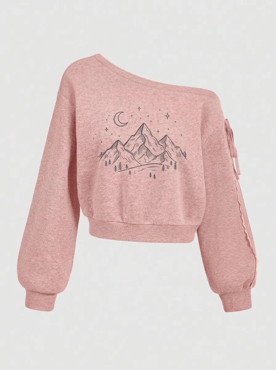 Women's Nature Mountain Moon Stars Graphic Off-Shoulder Sweatshirt