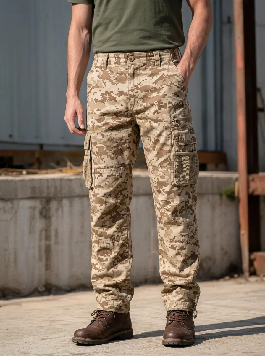 Men's Utility Desert Digital Camo Zipper Utility Pocket Reinforced Knee Cargo Pants