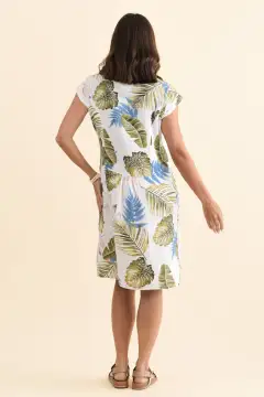 Floral Linen Pocket Round-Neck Short-Sleeve Straight-Cut Above-Knee Dress