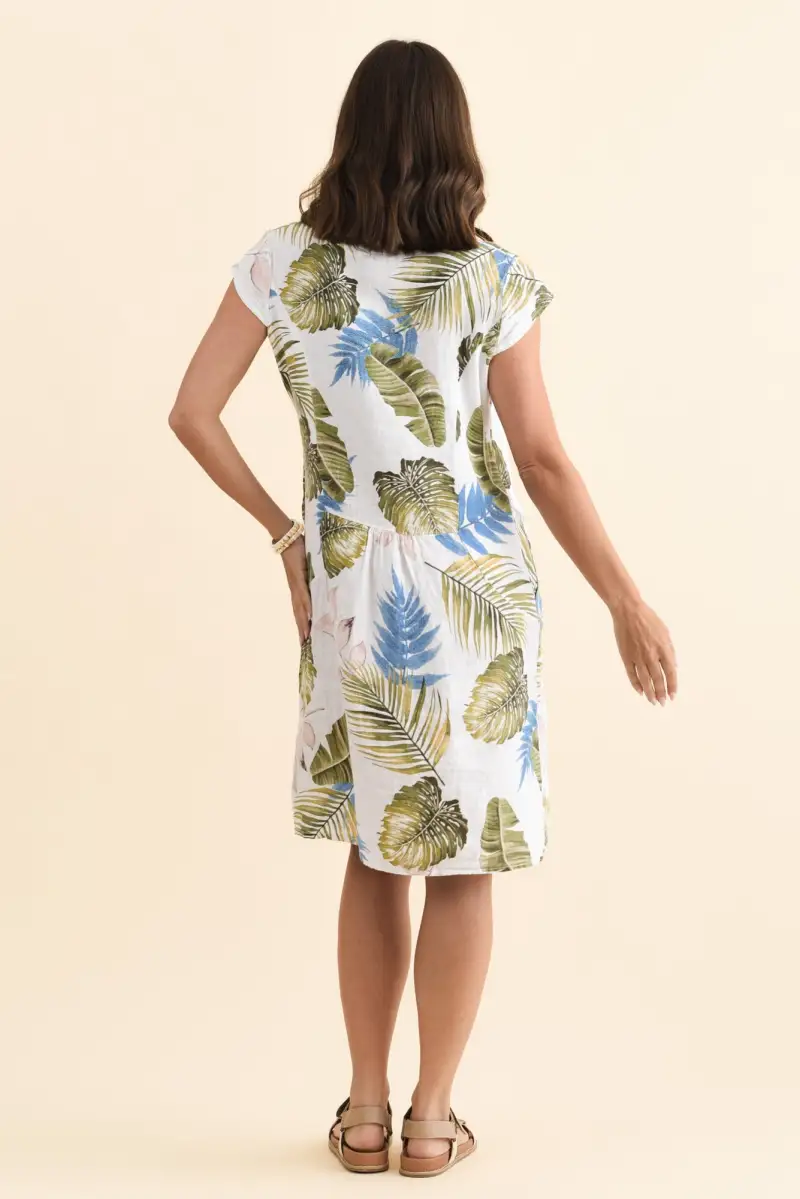 Floral Linen Pocket Round-Neck Short-Sleeve Straight-Cut Above-Knee Dress