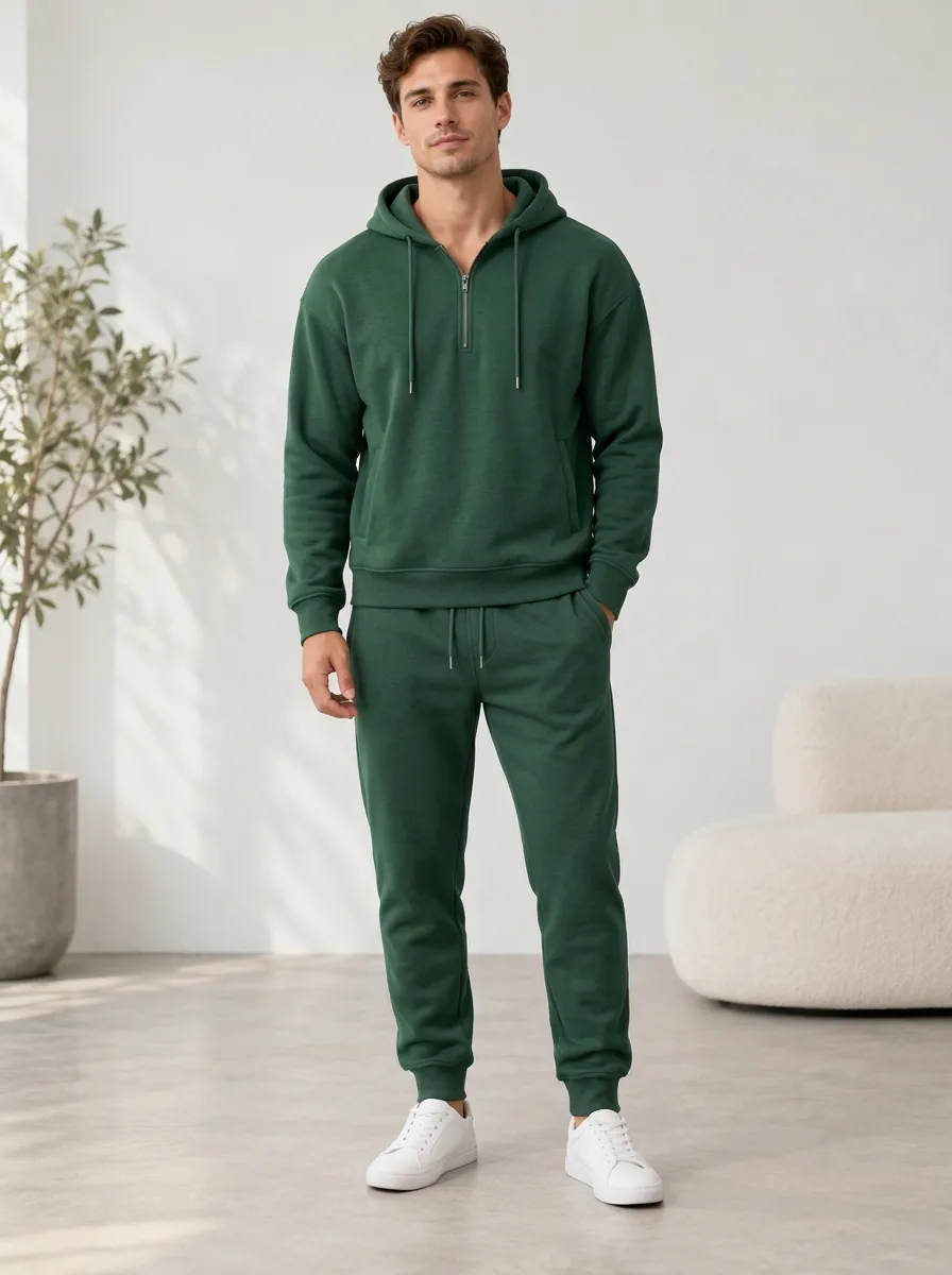 Men's Relaxed Quarter Zip Hoodie Tapered Jogger Ribbed Detail Jogger Set