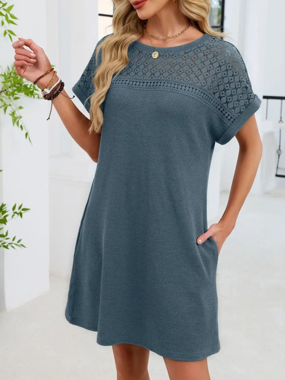 Lace Round Neck Short Sleeve Shirt Dress