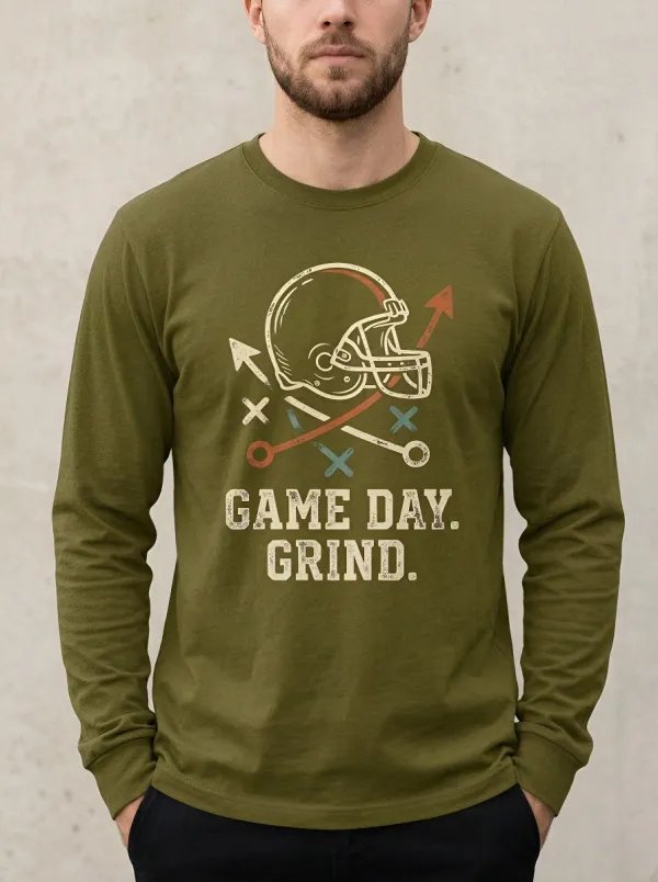Men's Football Lover Game Day Grind Helmet Graphic Long Sleeve T-shirt