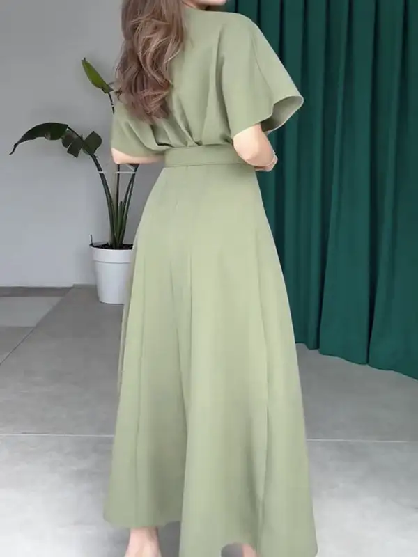 Split Pleated Sleeve Neck Maxi Dress