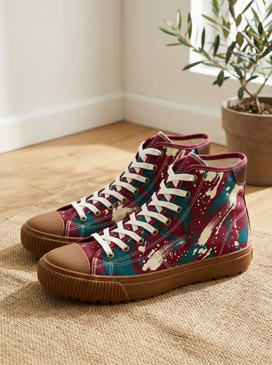 Men's Maroon Teal Paint Splatter Printed Canvas High Top Shoes