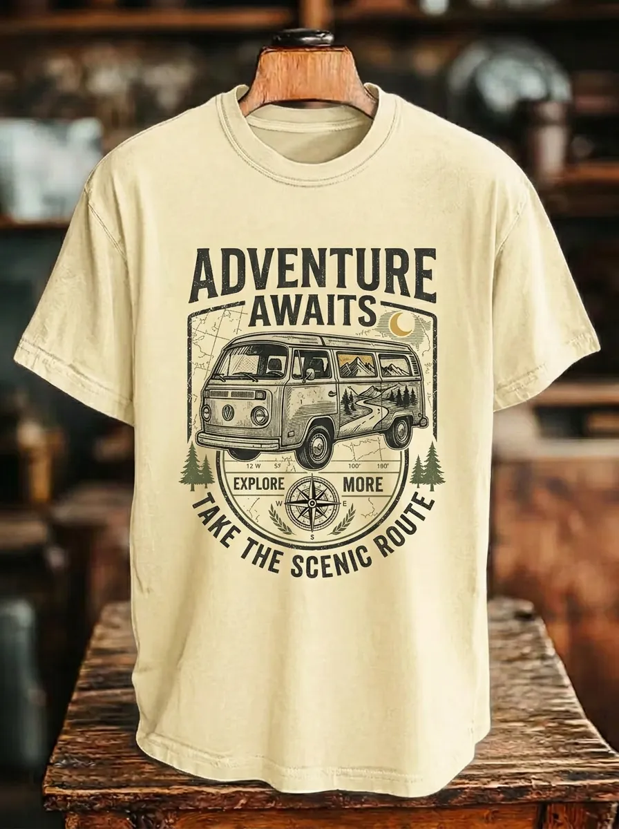 Unisex Adventure Lover Camper Van Compass Printed T-shirt