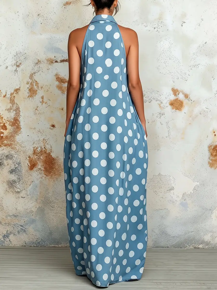 Pleated Polka Dot Buttoned Maxi Dress