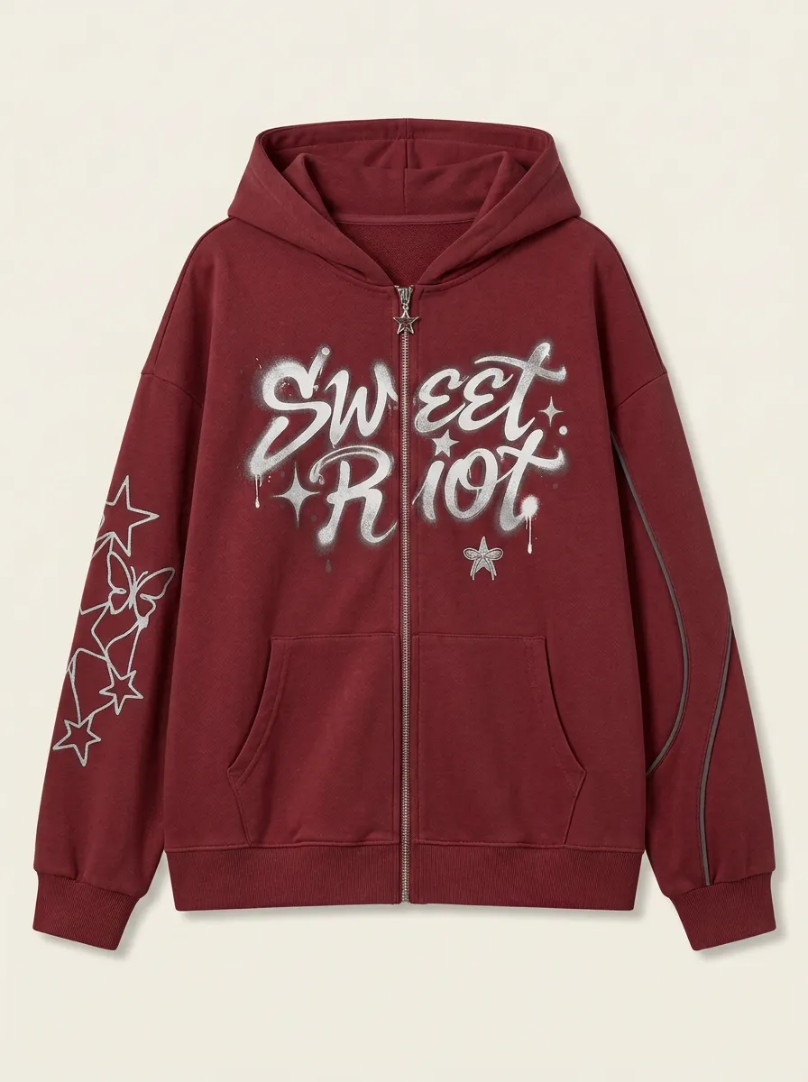 Women's Streetwear Sweet Riot Butterfly Star Printed Zip-up Hoodie