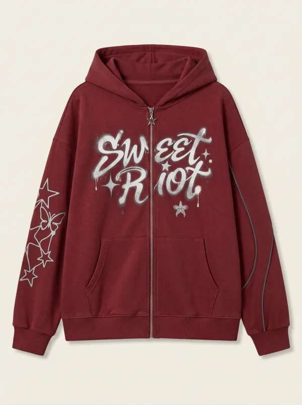 Women's Streetwear Sweet Riot Butterfly Star Printed Zip-up Hoodie