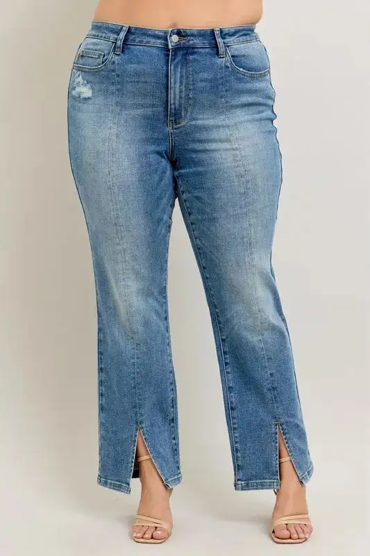 High-Waist Distressed Vintage-Wash Front-Seam Straight Leg Jeans