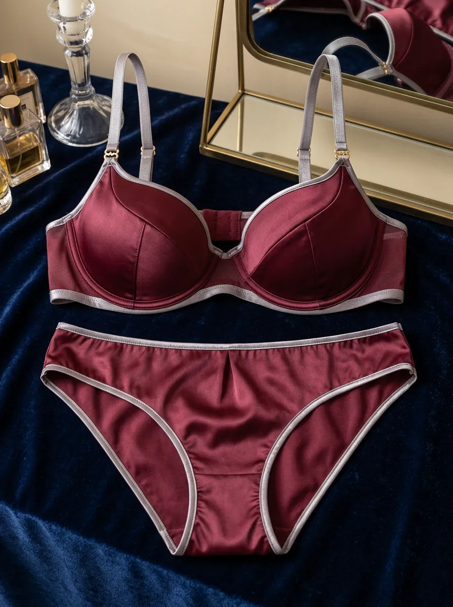 Women's Satin Contrast Trim Satin Mesh Lingerie Set