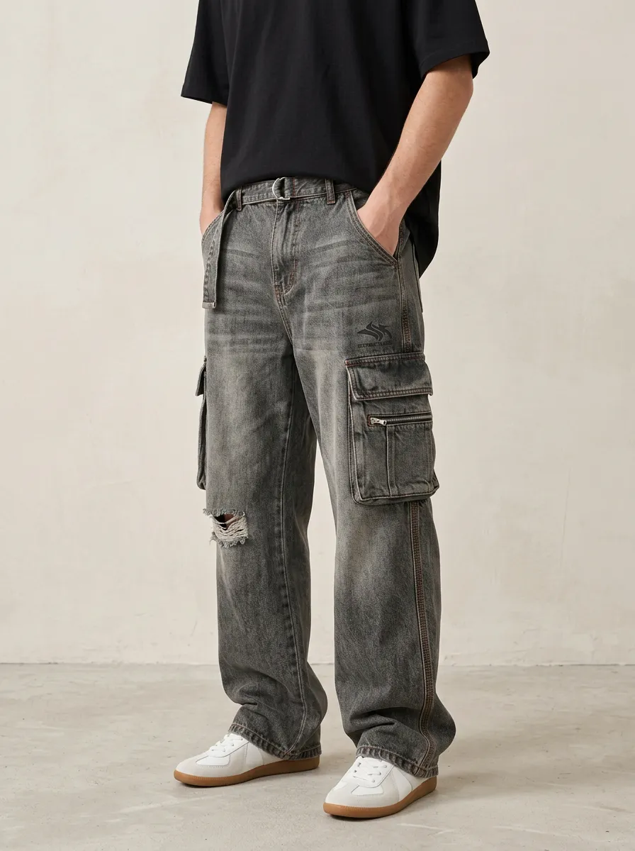 Men's Streetwear A5 Logo Distressed Washed Denim Cargo Jeans