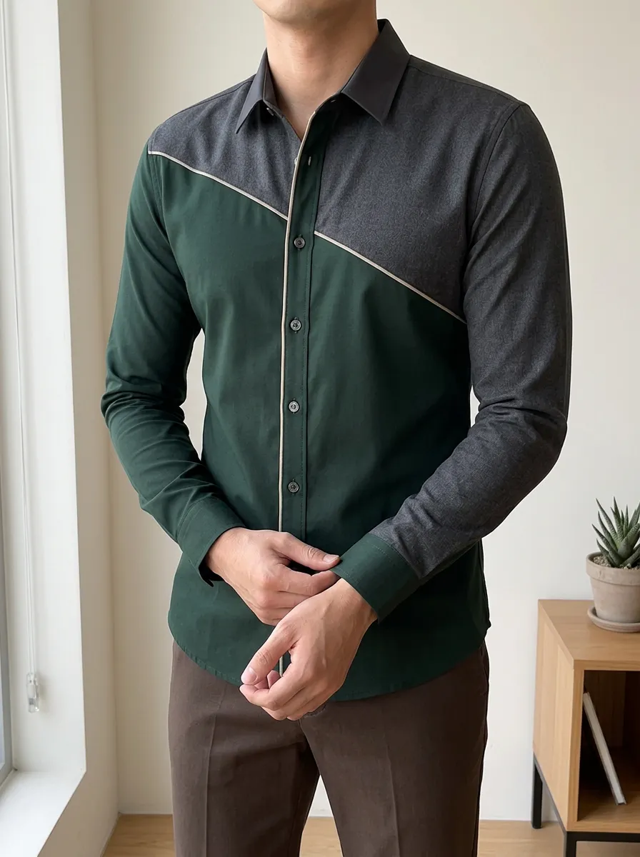 Men's Versatile Colorblock Long Sleeve Slim Fit Shirt