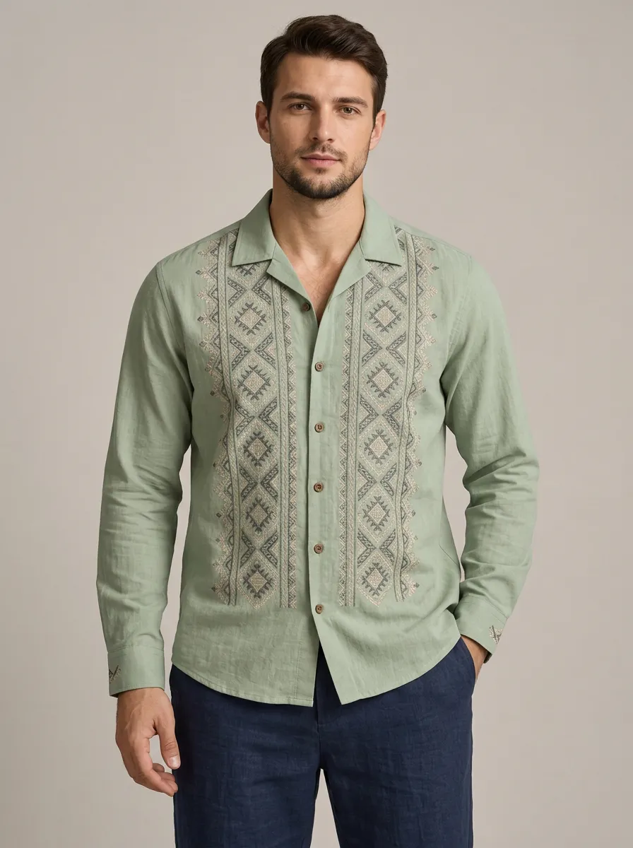 Men's Boho Inspired Geometric Boho Embroidered Long Sleeve Shirt