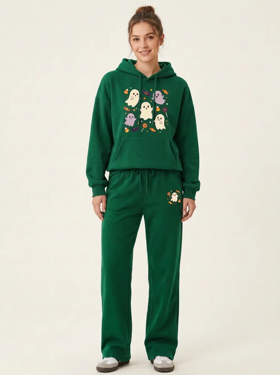 Women's Halloween Ghost Candy Printed Hoodie and Straight Leg Pants Set