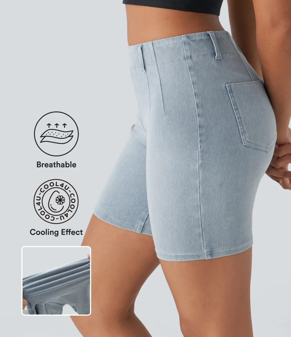 Magic Mid Rise Back Pockets Skinny Cool Touch Washed Stretchy Knit Denim Casual Shorts