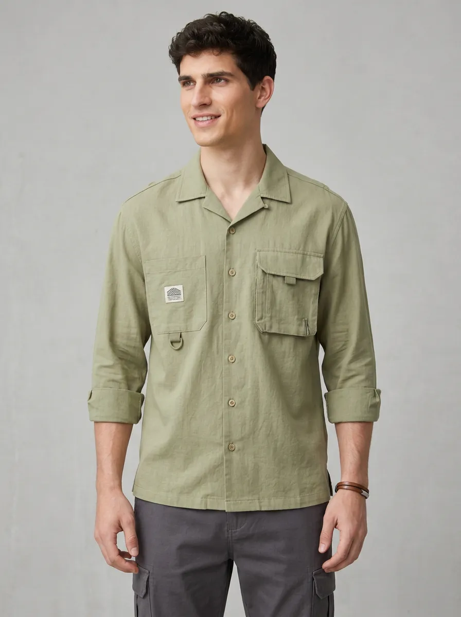 Men's Outdoor Casual Mountain Patch Printed Linen Shirt