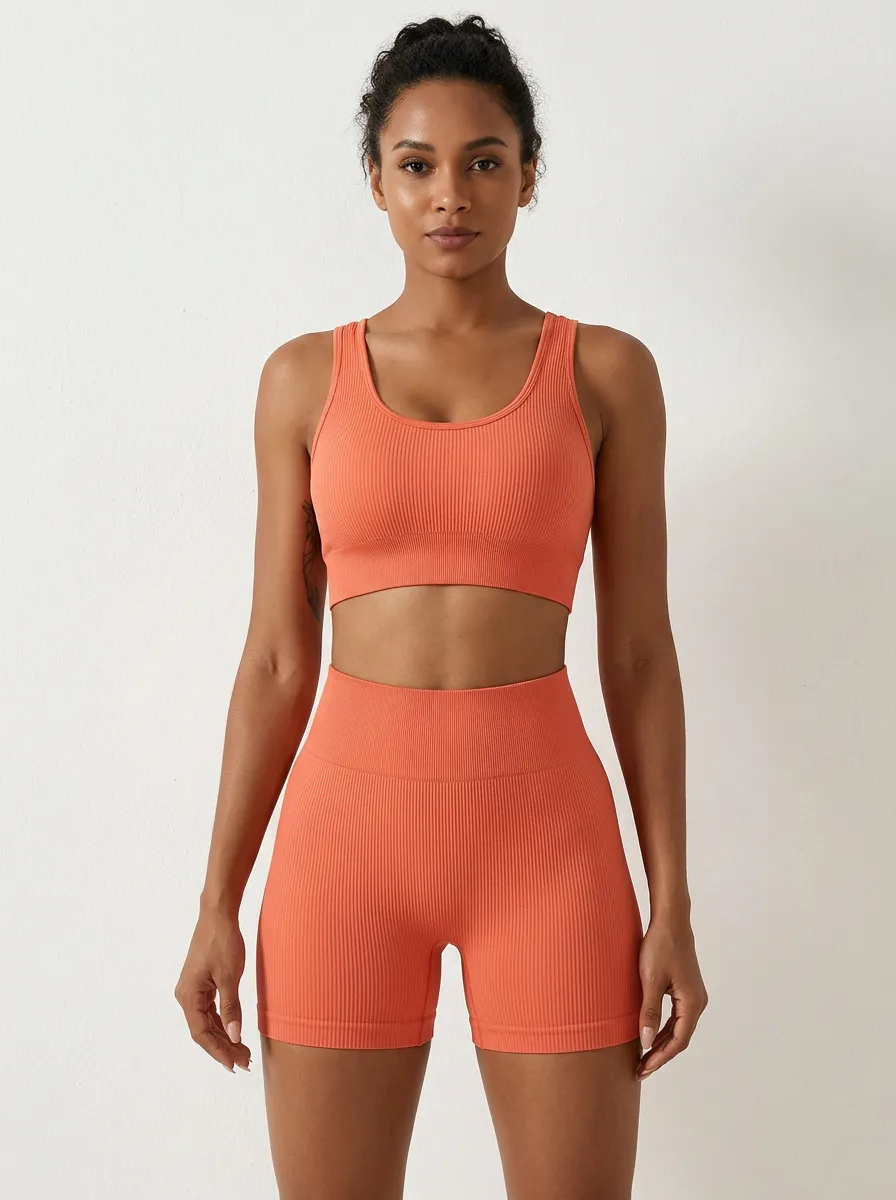 Weekend Ribbed Texture Seamless Design Utility Look Women's Tank Top And Sports Shorts Set