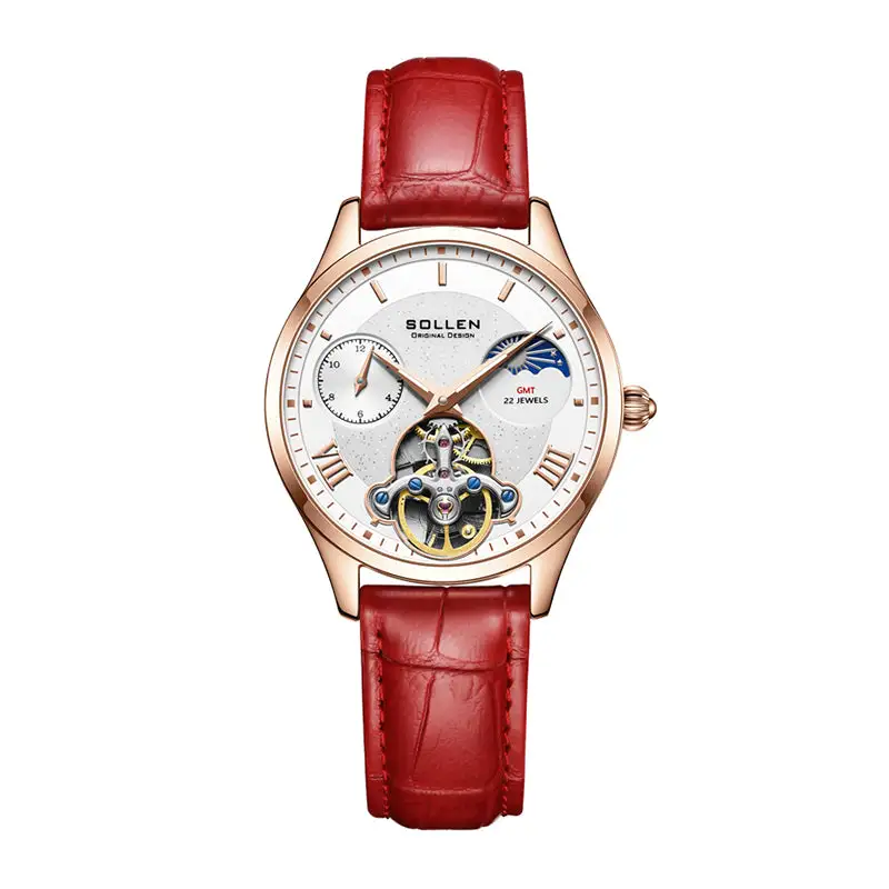 Sollen SL462 Multi-Function Automatic Watch - Women's Genuine Leather Open-Heart Flywheel Wristwatch