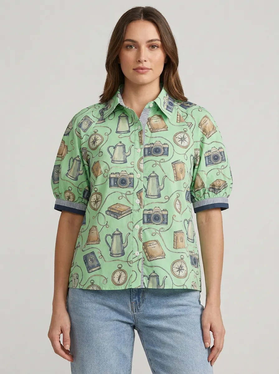 Women's Travel Hobby Camera Book Teapot Printed Shirt