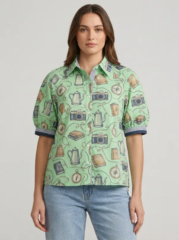 Women's Travel Hobby Camera Book Teapot Printed Shirt