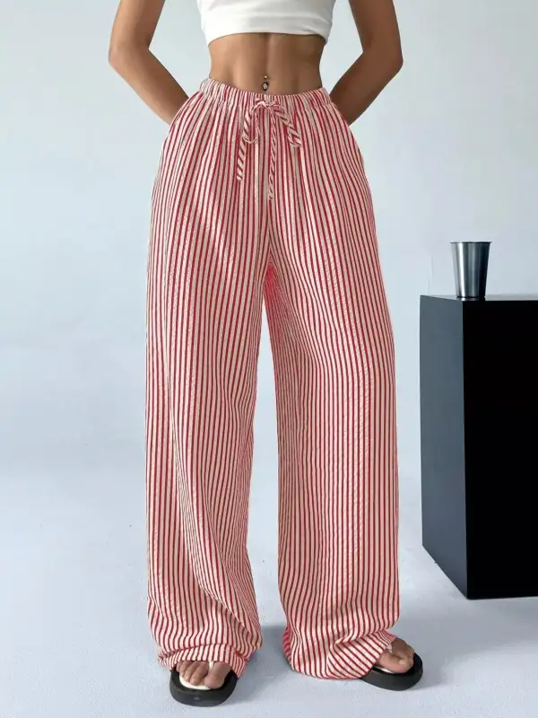 Wide Leg Drawstring Striped Pocketed Pants