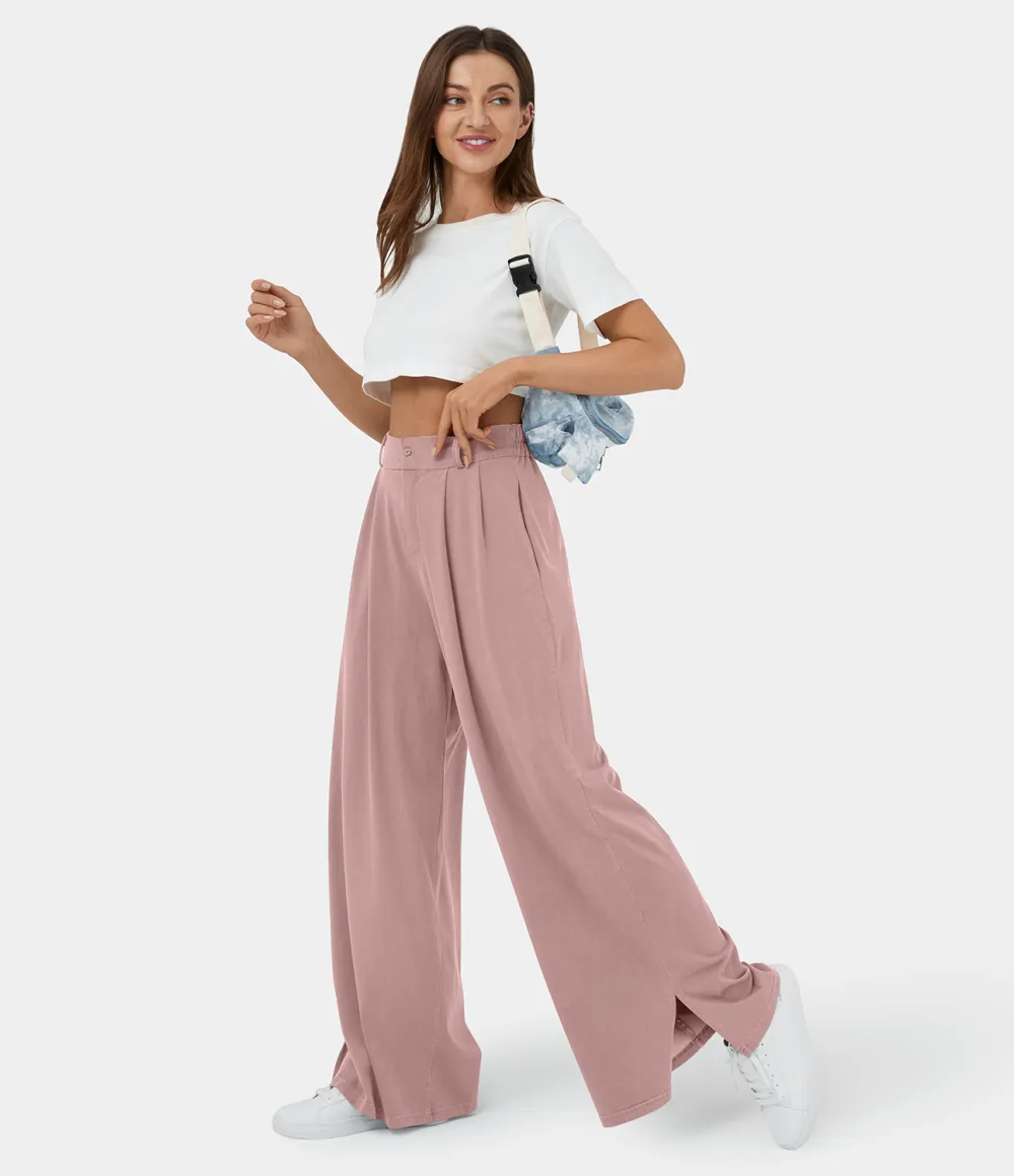 High Waisted Button Zipper Plicated Side Pocket Split Hem Wide Leg Casual Pants