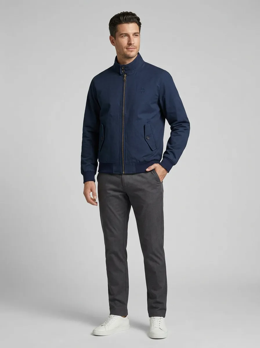 Men's Casual Navy Stand Collar Zip-Up Bomber Jacket