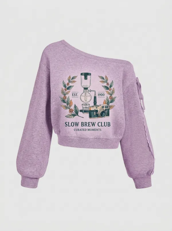 Women's Coffee Slow Brew Club Camera Graphic Off-Shoulder Sweatshirt