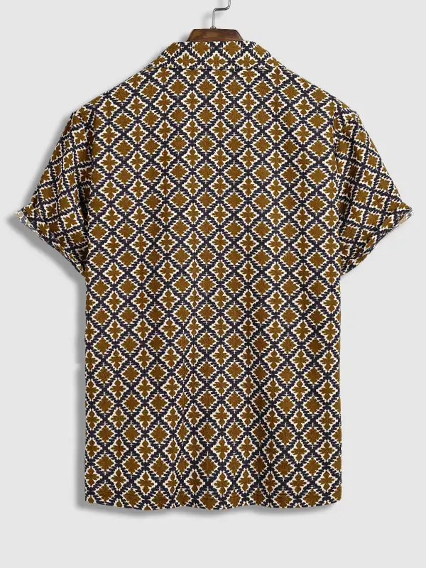 Men's retro ethnic print corduroy half-sleeved POLO