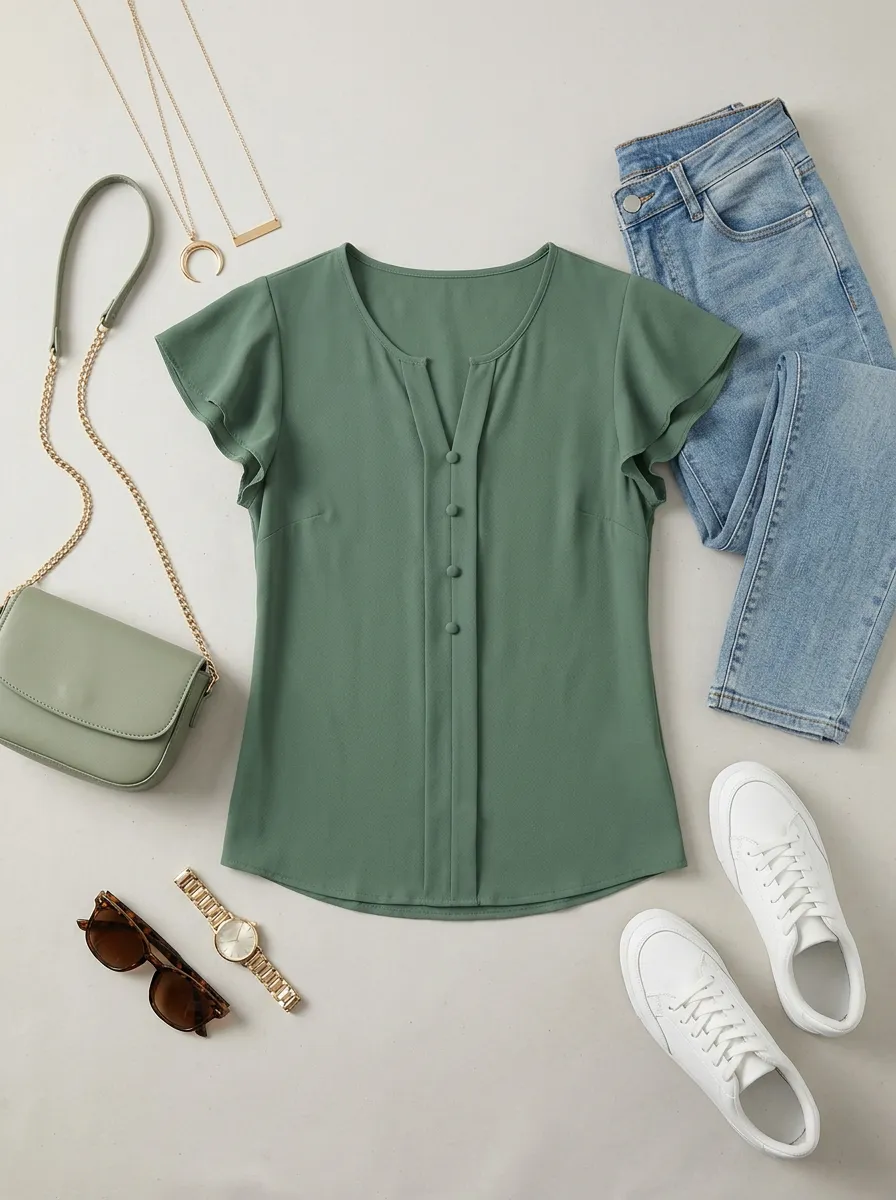 Flutter Sleeve Button Down Blouse