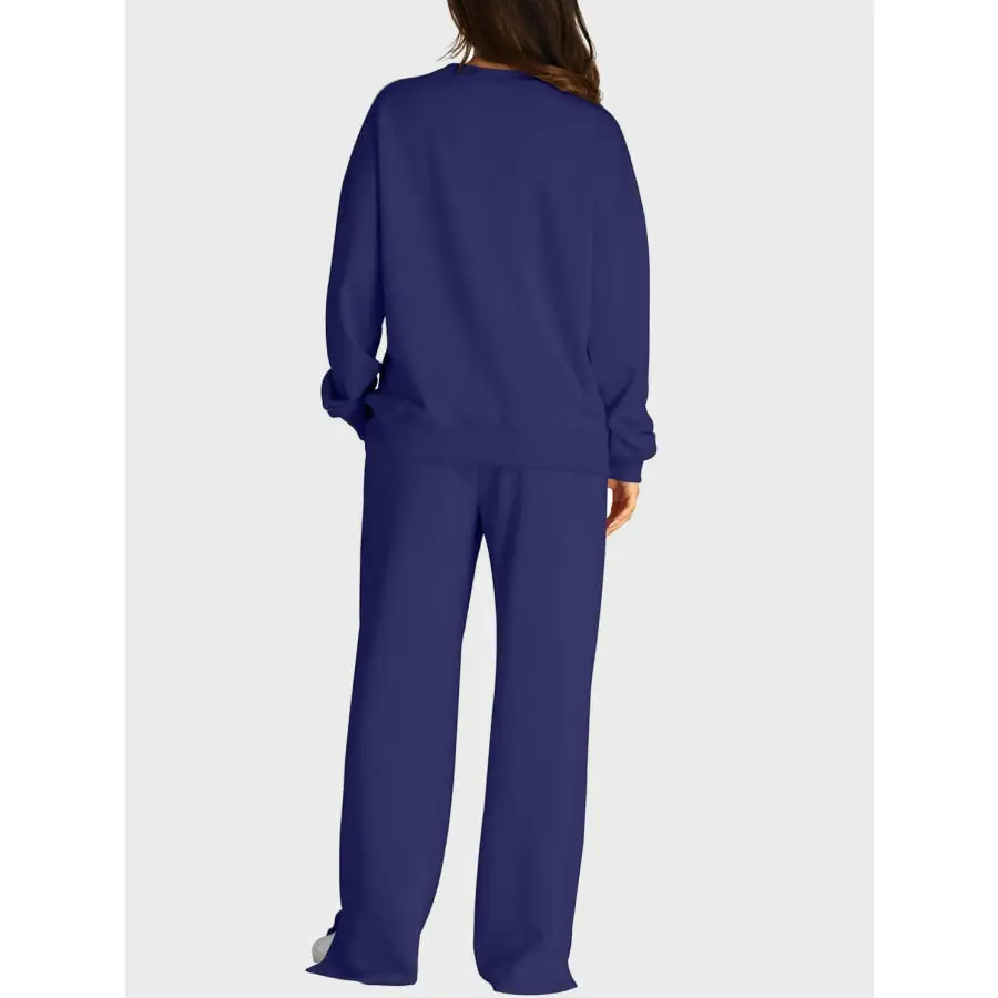 Round Neck Long Sleeve Top and Slit Pants Set