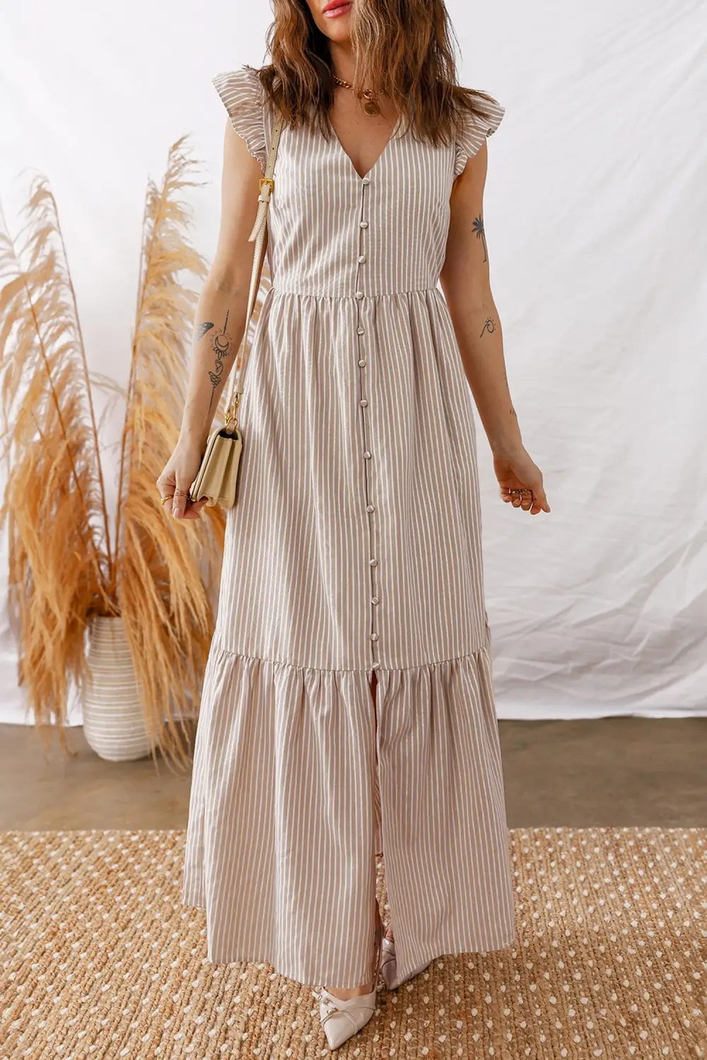 Flutter Sleeve Buttoned Front Slit Maxi Dress