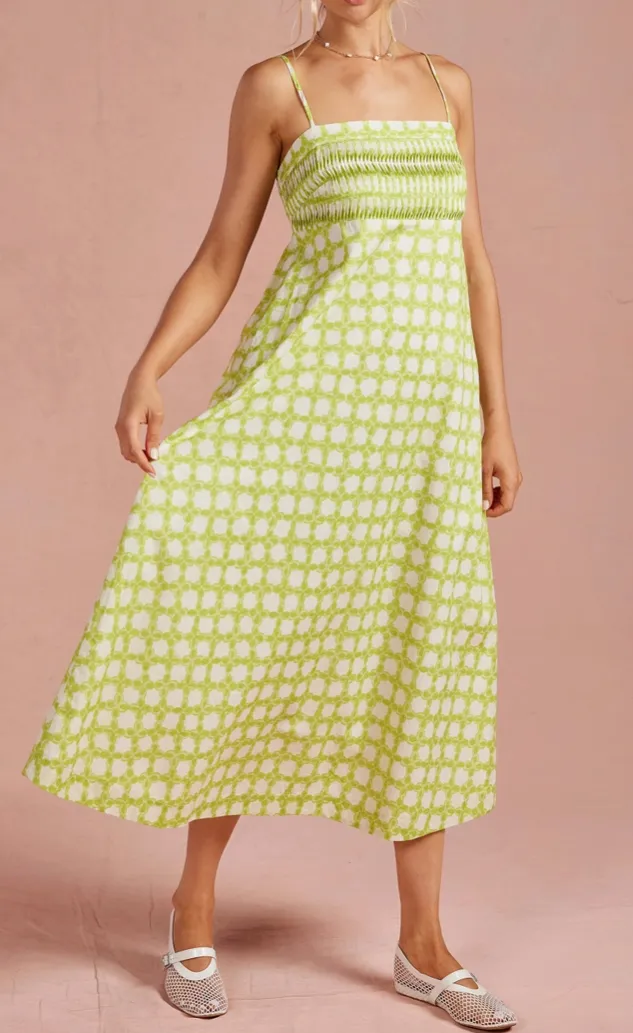 Chartreuse Chain Link Pintuck Midi Dress