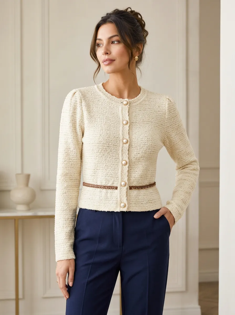 Women's Elegant Cream Tweed Pearl Button Belted Cardigan Top