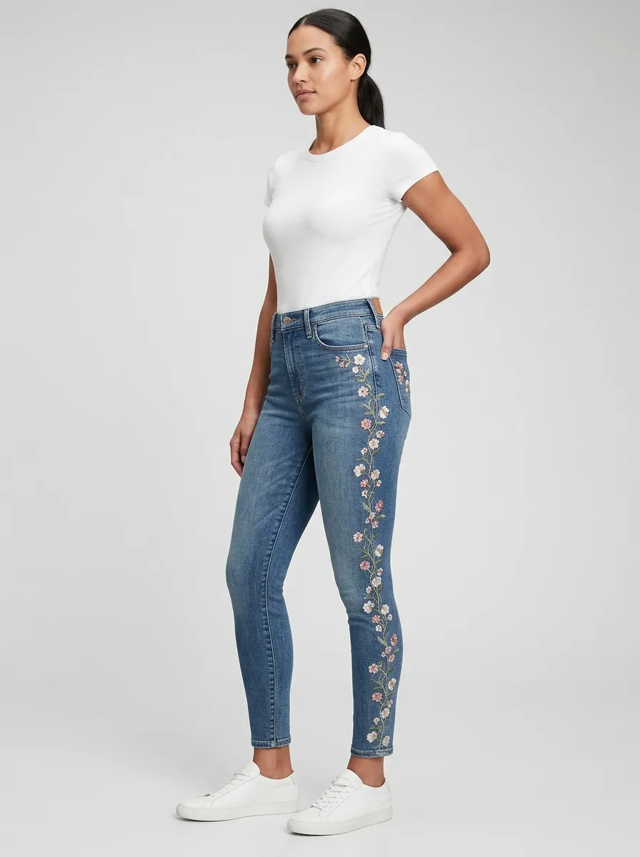 Women's Ridge Floral Pink Flower Embroidered Printed Slim Jeans