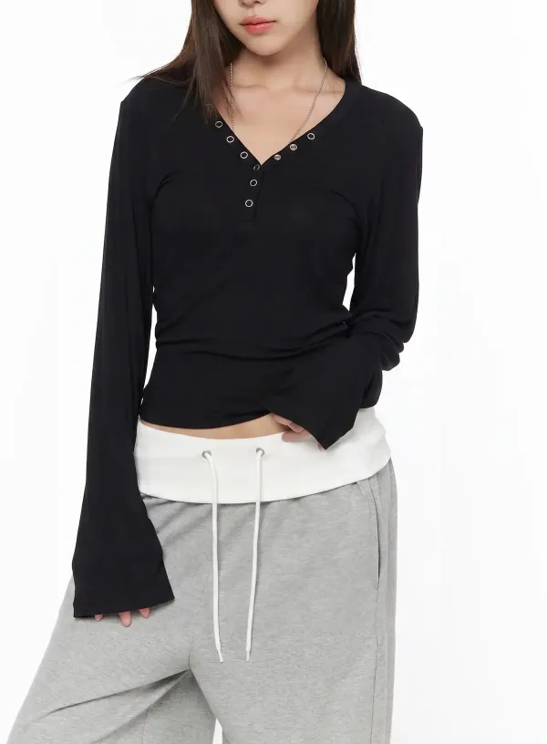Eyelet Henley V-Neck Long Sleeve Tee