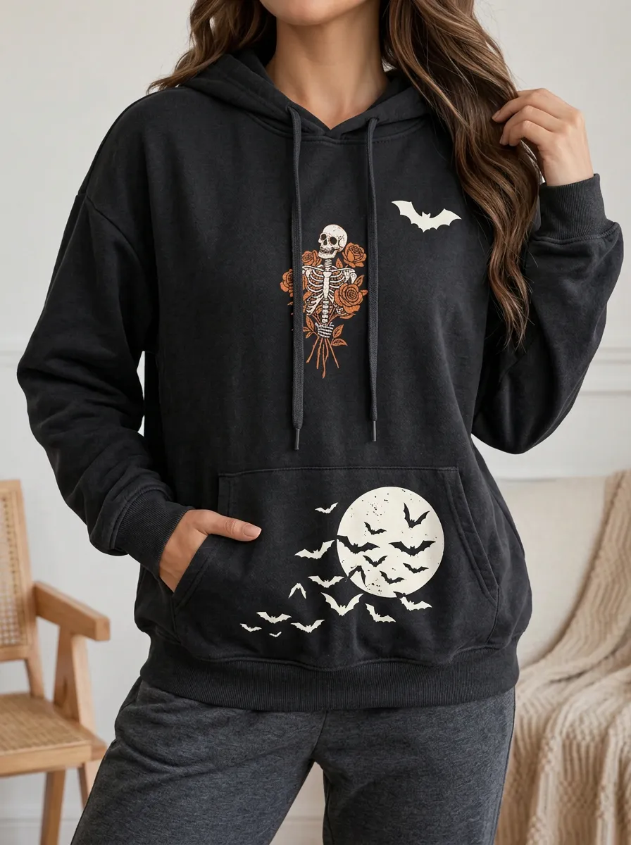 Women's Halloween Skeleton Rose Moon Bat Printed Hoodie